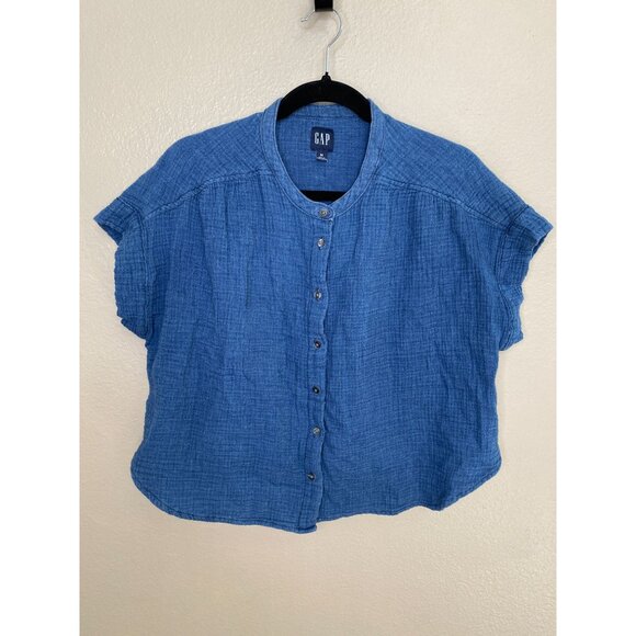 Gap Womens Blue Button-Front Short-Sleeve Blouse M Lightweight Textured Cotton - Picture 2 of 6